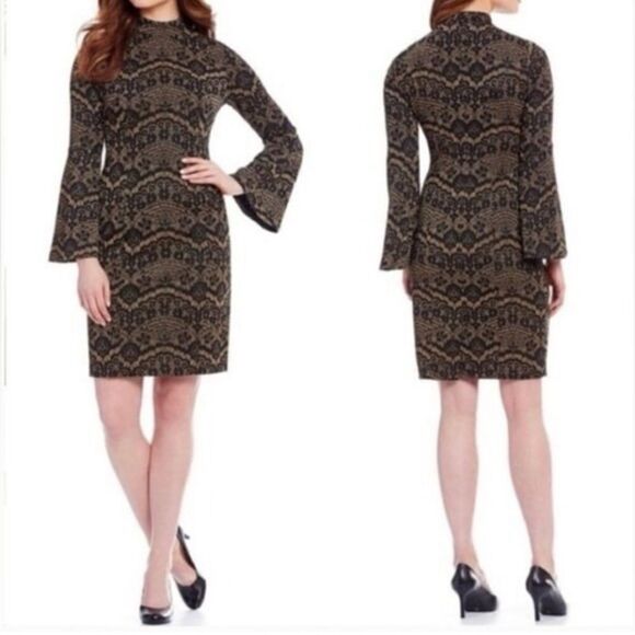 Alex Marie Aly Sparkly black/Gold Lace Jacquard Bell Sleeve Dress sz 8 - Picture 1 of 11